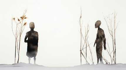 Two isolated figures against a stark white backdrop, facing away from each other, amidst dry, withering plants.