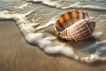 Fototapeta na wymiar A close-up of a seashell lying on a sandy beach, washed by the tide