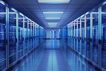Symmetrical view down a corridor of server racks in a futuristic data center. Advanced technology and data management concept. Suitable for design about cloud storage and data infrastructure.