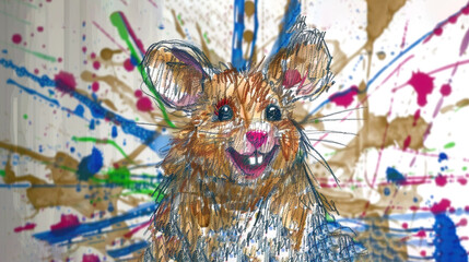 Obraz premium A painting of a mouse with splatters of blue, red, yellow, green, and orange paint on its face against an abstract background