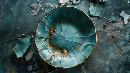 Beautiful stylish plate broken into pieces, top view background - obrazy, fototapety, plakaty