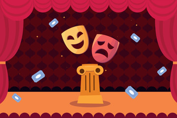 Vector illustration of a theater symbol - theater masks. Cartoon scene of beautiful theatrical masks: comic and tragic, decorative red curtain, hall with audience seats, tickets, floor, Greek column.
