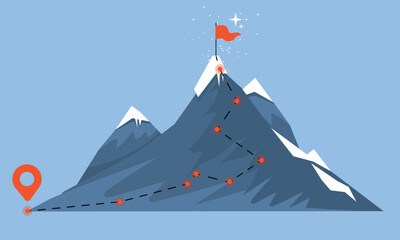Vector illustration of climbing to the top of the mountain with a red flag in cartoon style. The concept of leadership, achieving success, goals in work, study, business isolated on a blue background.