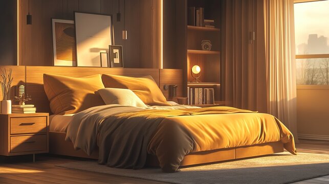 Photo of a cozy bedroom in warm colors