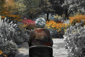 Elderly woman sits peacefully on a bench, surrounded by a once colorful garden, becoming gray, dementia. Alzheimer, cognitive function loss 