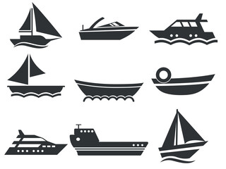 Set of beautiful dark marine transport icons in cartoon style. Vector illustration of various: sailboat, motor boat, yacht, cruise liner, ship, lifeboat, sea waves isolated on white background.