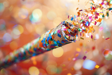 A close-up of a party horn filled with confetti.