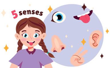 Vector illustration of the five human senses. Cartoon scene of a happy girl and five senses:eye, tongue, ear, nose, skin isolated on white background.The sense of sight, taste, hearing, smell, touch.