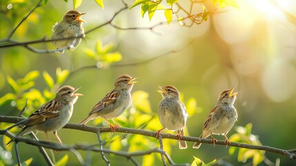 flock of small sparrow chicks sits among the blooming white branches of an apple tree in a spring park. AI generated illustration