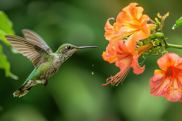 A close-up of a hummingbird hovering near a nectar-filled flower