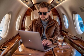 Young businessman using a laptop for work while sitting inside an airplane during a business trip