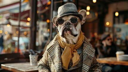 Obraz premium Well-dressed pug dog wearing sunglasses, a hat, and a scarf sits at a cafe table, exuding urban chic against the backdrop of a busy coffee shop setting