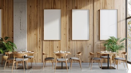 Interior of a modern cafe with blank posters on the wall, wooden design elements, and minimalist furniture, concept of interior design. 3D Rendering hyper realistic 