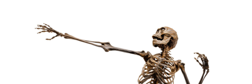Australopithecus skeleton in dynamic pose with arms raised isolated on transparent background