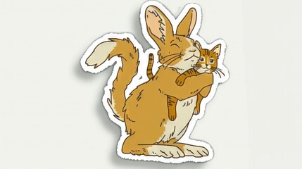 Obraz premium A cat hugging a rabbit sticker on a rabbit sticker