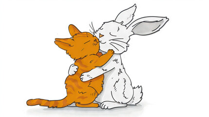 Obraz premium An orange and white cat and a white and brown rabbit embracing each other's rear ends on a white canvas