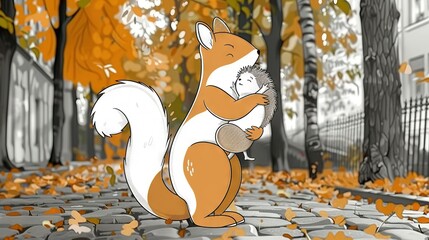 Obraz premium Squirrel hugging hedge on cobblestone road in autumn park