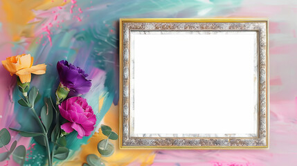 Elegant Floral Invitation: Colorful Roses Beside a Vintage Frame on a Dreamy Pastel Painted Background