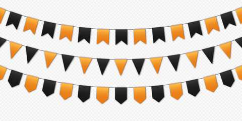 Party flags, bunting flags garland, orange and black pennants hanging on a rope. Halloween vector decoration.