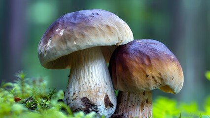 Closeup of two edible porcini mushrooms growing in a forest background. Concept Nature Photography, Forest Fungi, Closeup Shots, Fresh Harvest, Outdoor Exploration