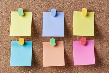 Six blank pastel-colored post-it notes are pinned neatly to a brown cork board
