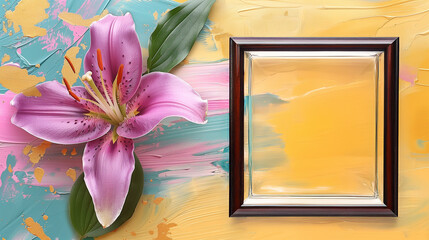Elegant Lily Presentation: Vibrant Pink Lily beside a Classic Frame on a Colorful Brushstroke Background