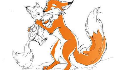 Obraz premium An orange and white illustration of a fox with a turtle in its mouth and another animal in the background