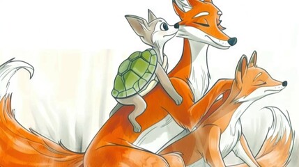 Obraz premium Two foxes riding on each other with a turtle on one of their backs