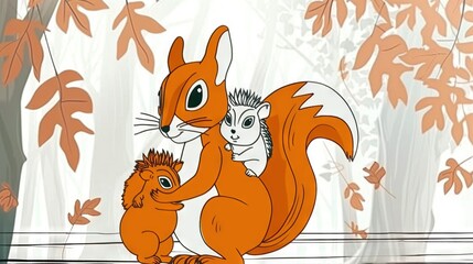 Obraz premium A squirrel and squirreling are sitting on a window sill in front of an orange-leafed forest