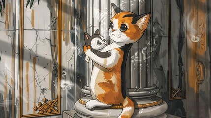 Obraz premium An orange and white cat embraces another feline in front of a column in a room featuring a reflective surface on the wall