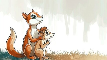 Obraz premium A pair of foxes perched atop a field of tall grass, surrounded by towering trees