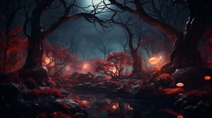 fantasy forest in moonlight, style Halloween , purple colors