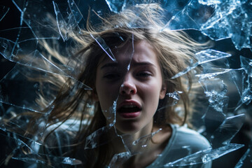 A 20-year-old girl tearing her hair against a background of shattered glass to symbolize emotional fragility.