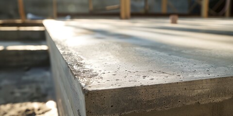 a concrete bench with a blurry background of a building under construction