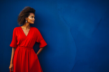 Confident woman in red dress set against an indigo backdrop.'