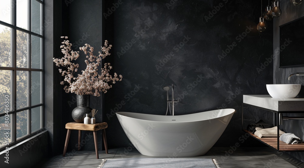 Wall mural Modern minimalist bathroom with dark gray walls, large windows and an elegant freestanding bathtub 