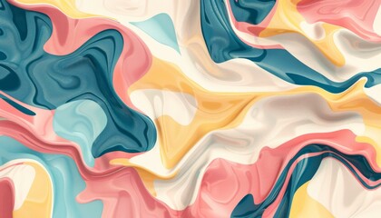 Abstract pastel geometric pattern in pink, teal, yellow, and orange against white background. Geometric shapes arranged in chaotic yet balanced composition.