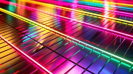 Neon background abstract with light shapes line diagonals on colorful and reflective floor