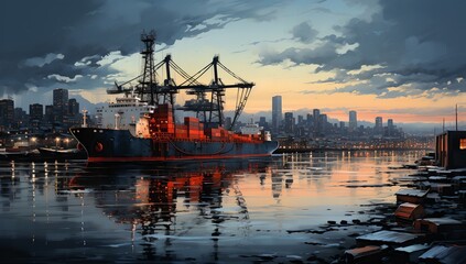 a painting of a ship in the water with a city in the background at sunset