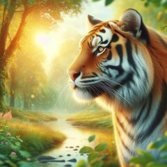 A close-up view of a beautiful tiger looking away with a blurred nature background - Tiger portrait illustration - Wildlife concept