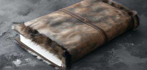 A luxurious, fur-lined leather journal, its pages untouched and inviting, set against a sophisticated, charcoal gray presentation background.