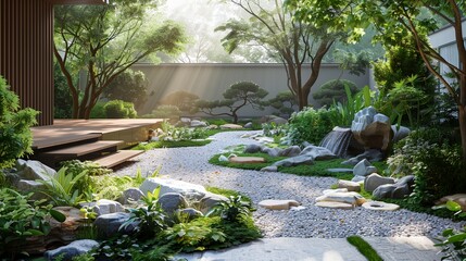 a garden with a waterfall and a stone path in the middle of it
