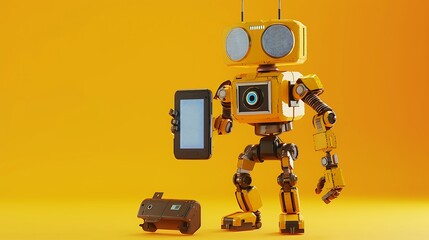 Robot toy and Smart phone on yellow backround