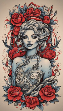 women in neotraditional tatto design