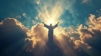 Jesus with arms raised against the backdrop of a dramatic cloudy sky
