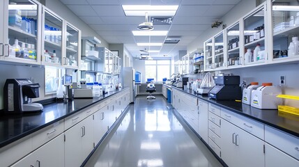 a long narrow laboratory with lots of cabinets and counters