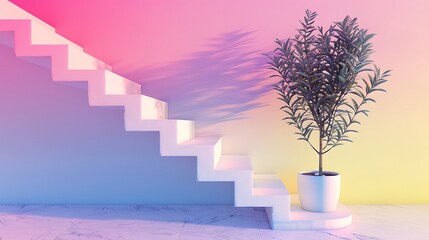 tree pot abstract pink white staircase-stairway violet purple blue yellow pink gradient wall room
