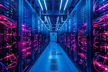 Corridor view in a futuristic data center illuminated with neon blue and pink lights. Advanced...