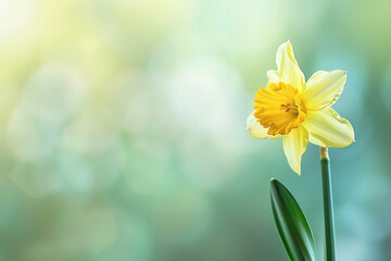 A close-up of a daffodil reveals its bright yellow trumpet and delicate, green stem, set against a soft, blurred background.