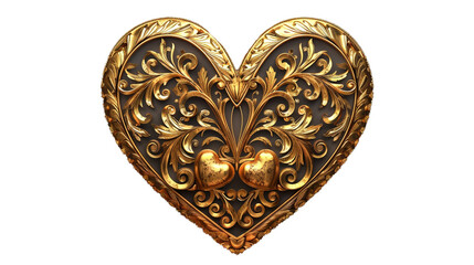 A golden heart emblem with intricate patterns isolated on transparent background. 